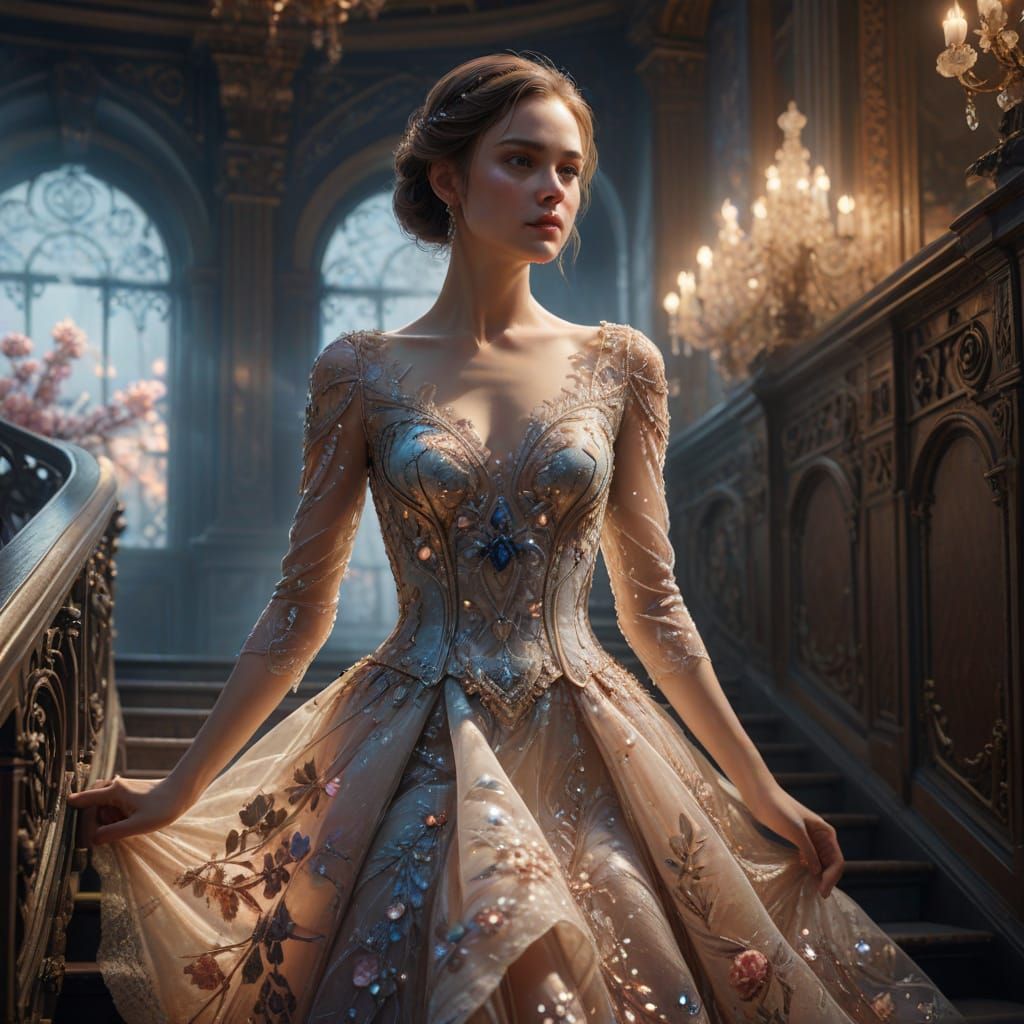 Woman in Luminous Dior Gown on Ballroom Staircase