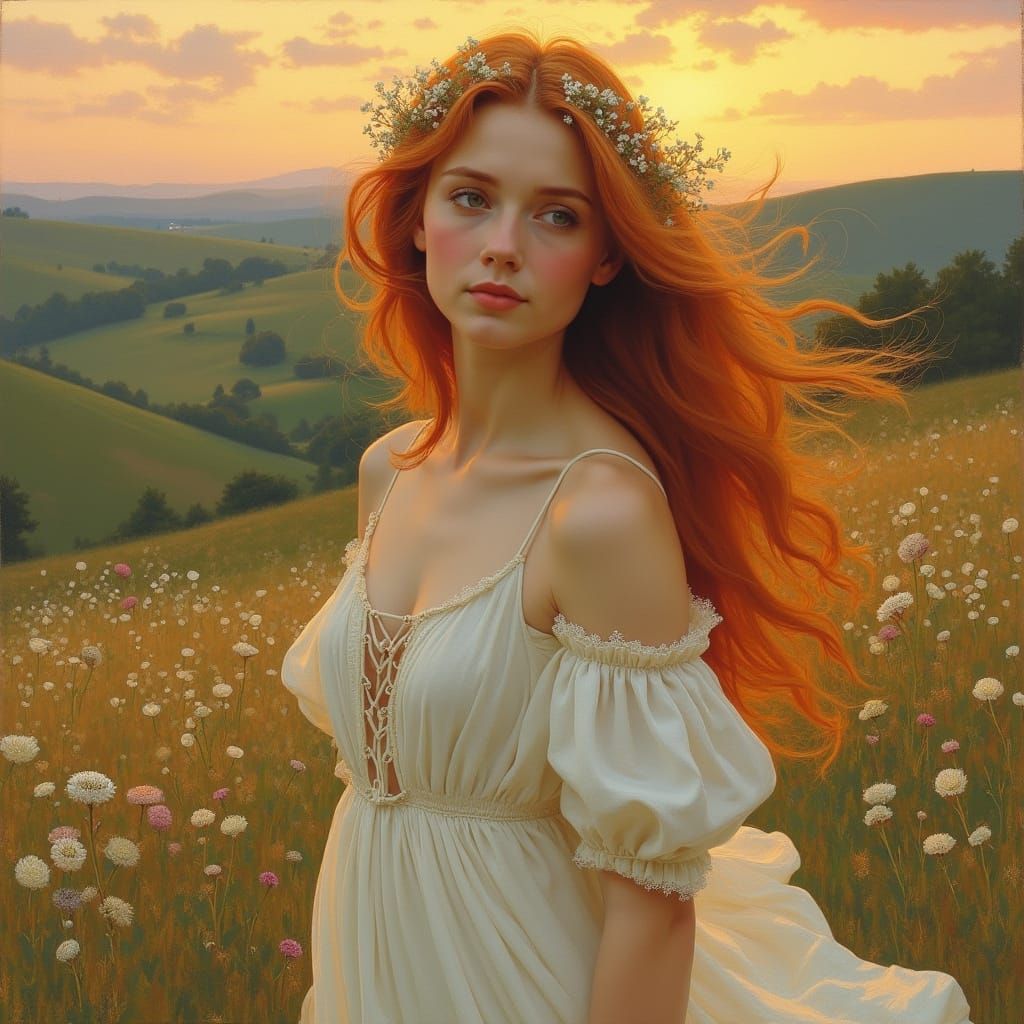 Auburn-Haired Woman with Wildflowers, Impressionistic Style