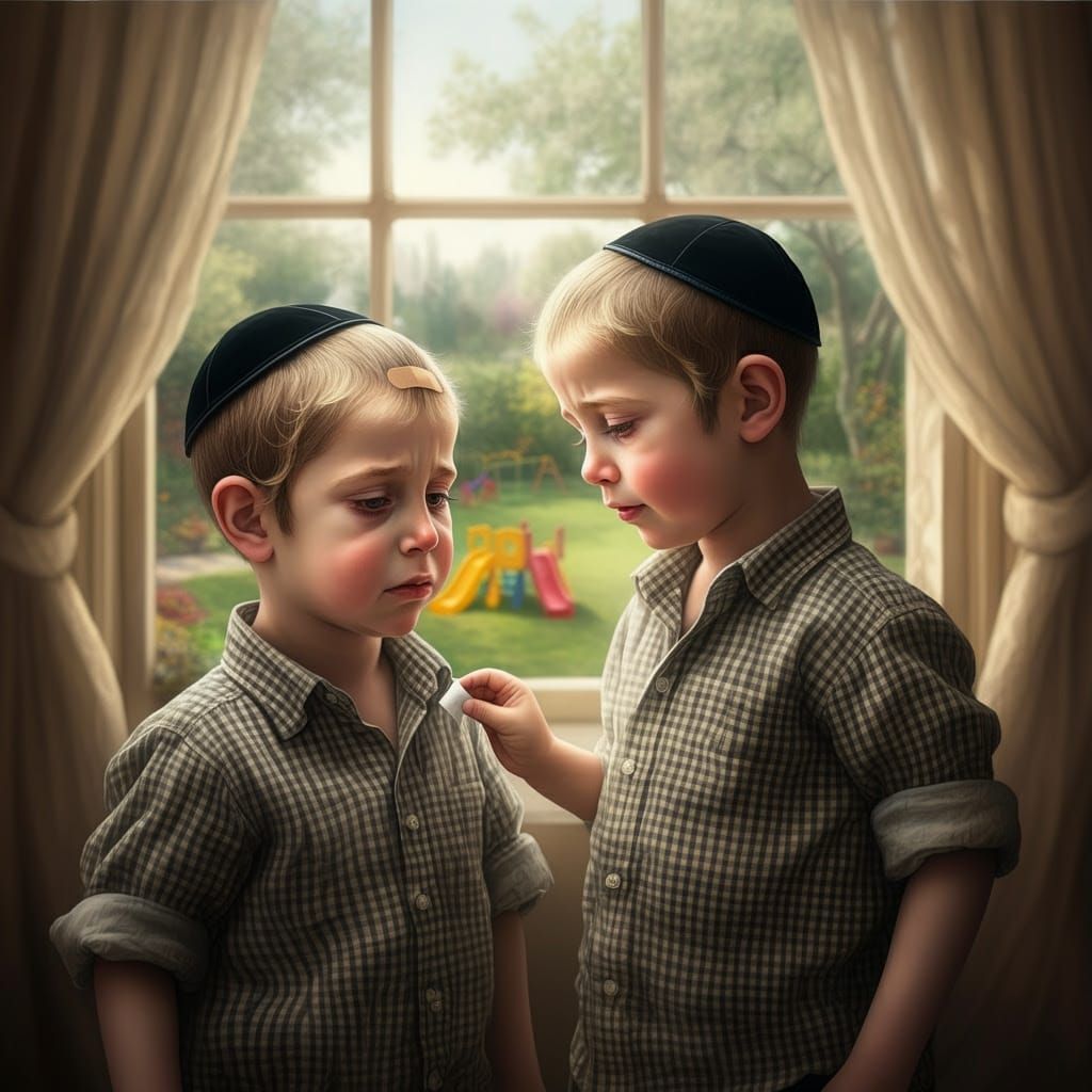 Generate a highly detailed and realistic image with soft natural lighting, depicting a 5-year-old Hasidic Jewish boy wit...