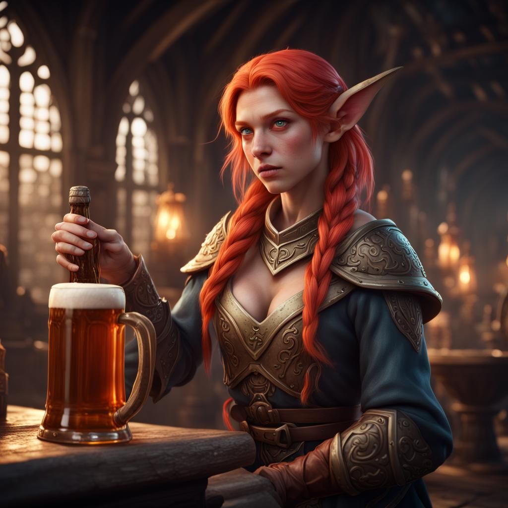 Annoying Elf Innkeeper with Beer: Fantasy Concept Art