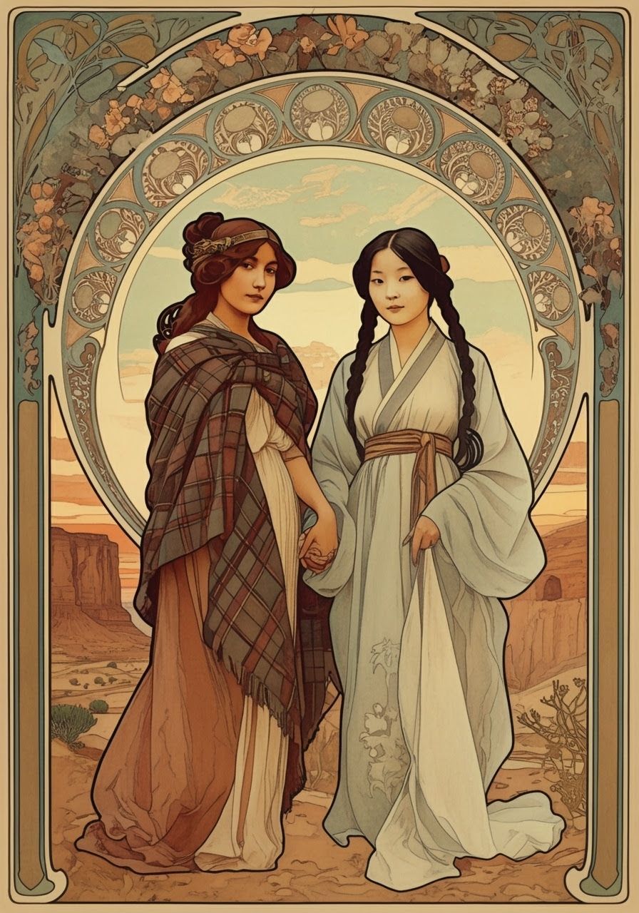 Art Nouveau Maidens in Desert Canyon at Sunset