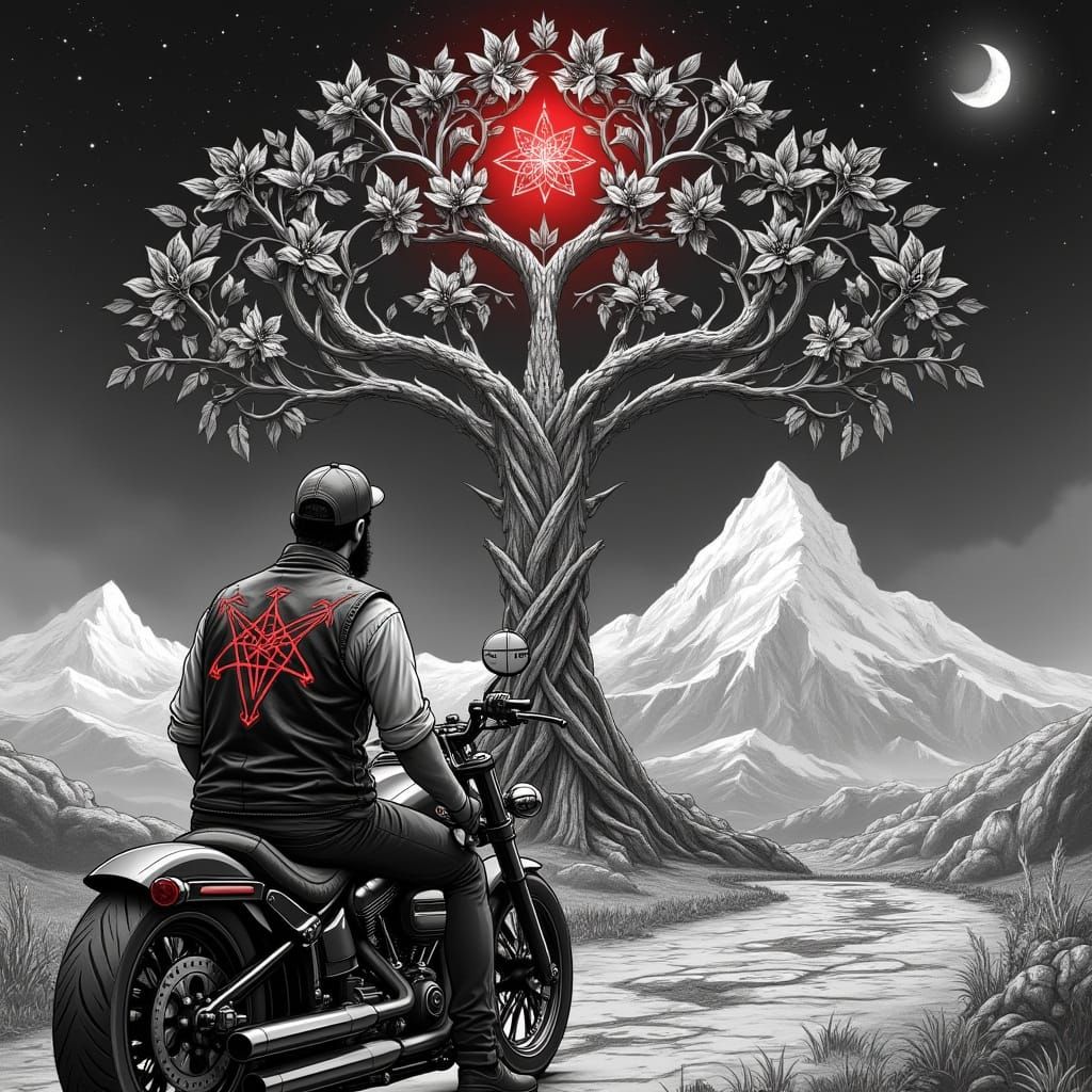 Mystical Rider Contemplates Cosmic Mountain Landscape in Bla...