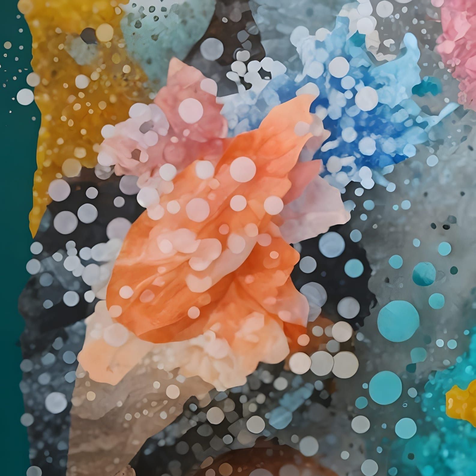 Vibrant Pointillist Collage with Glitchy Texture