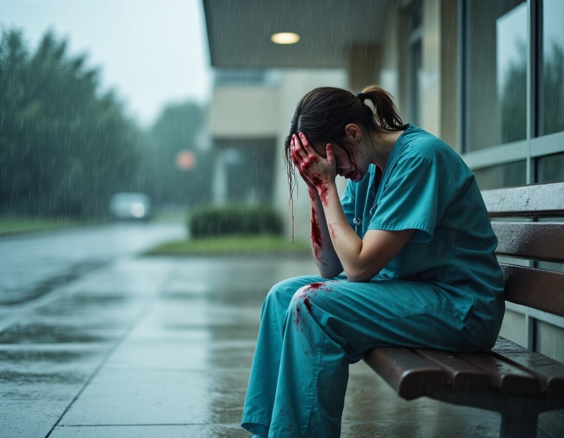 Distressed Nurse Crying in the Rain: Cinematic Film Still