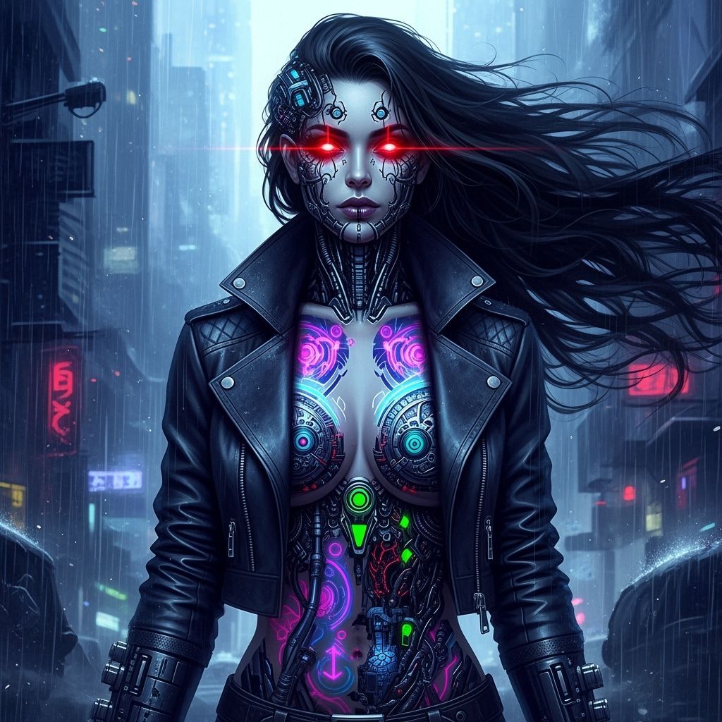 Gothic Cyborg Woman in Rain-Soaked Cityscape