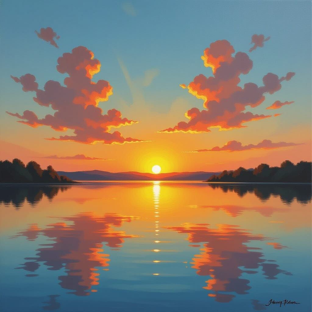 Oil painting of lake two colours