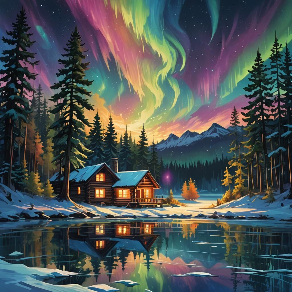 Cozy Cabin Under Northern Lights, Oil Painting Style