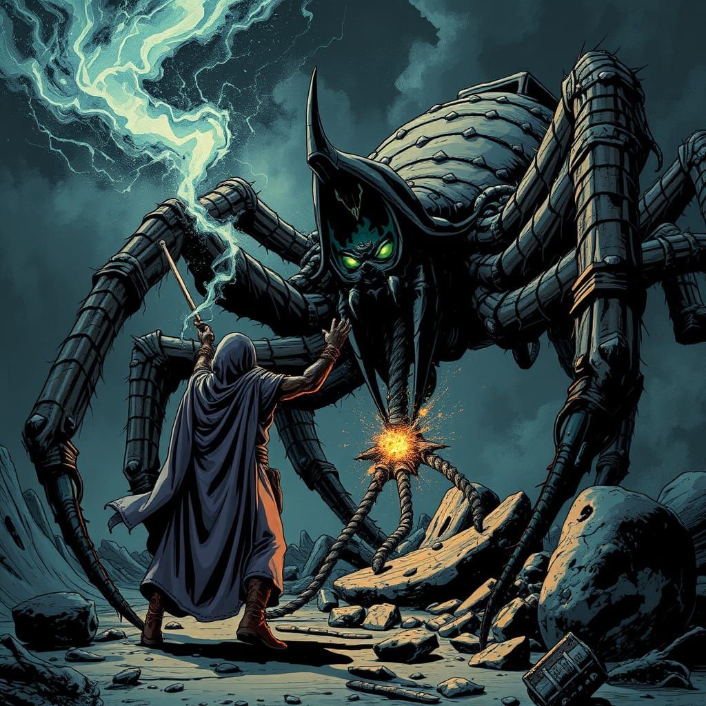 Mage Casting Spell at Manspider in Comic Book Style