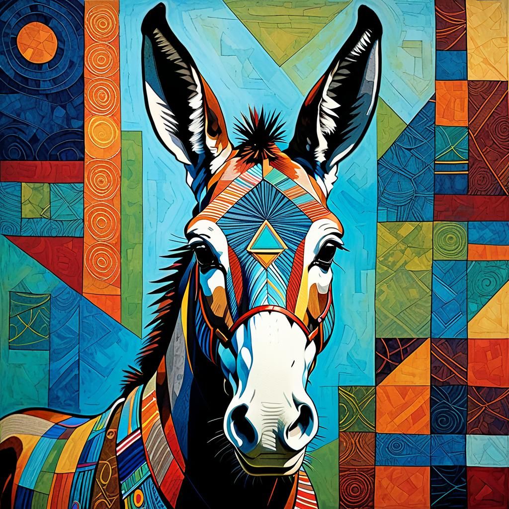 Colorful Geometric Mule Portrait in Tapestry Style