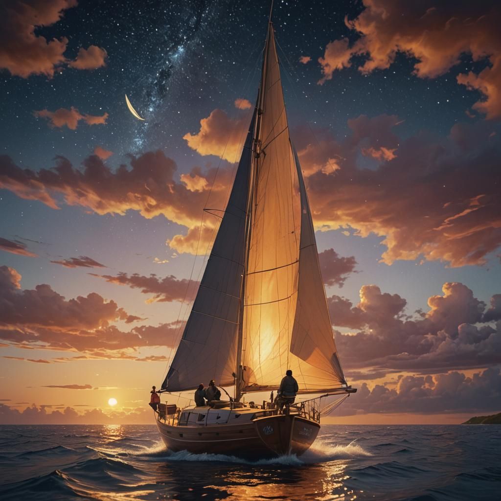 Ocean Catamaran Under Starry Night, Digital Art