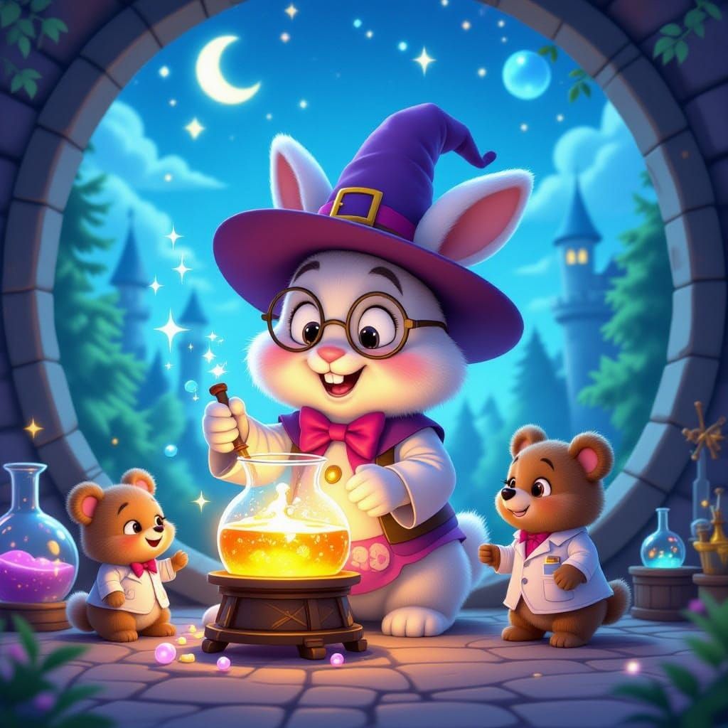 Pixar Style Magic Doctor Rabbit and Science Bear