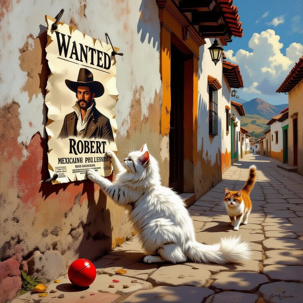 Baroque Cat Art: White Cat & Wanted Poster