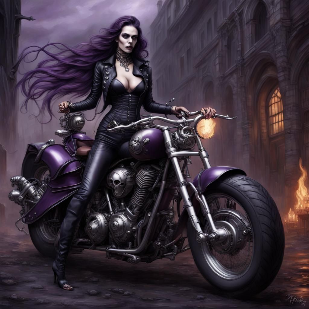 Gothic Witch Rides Victorian Motorcycle in Fantasy Art