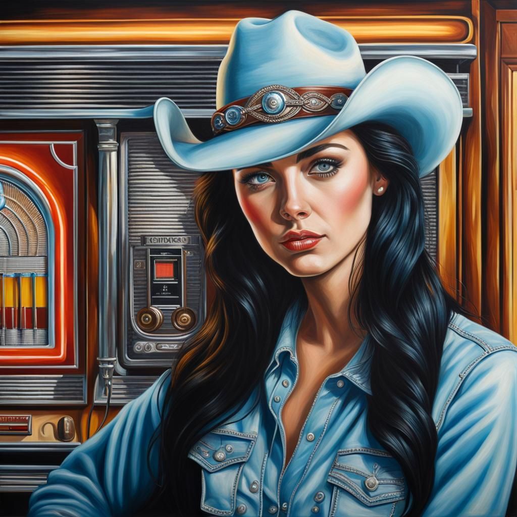Detailed Oil Painting of Woman with Cowboy Hat