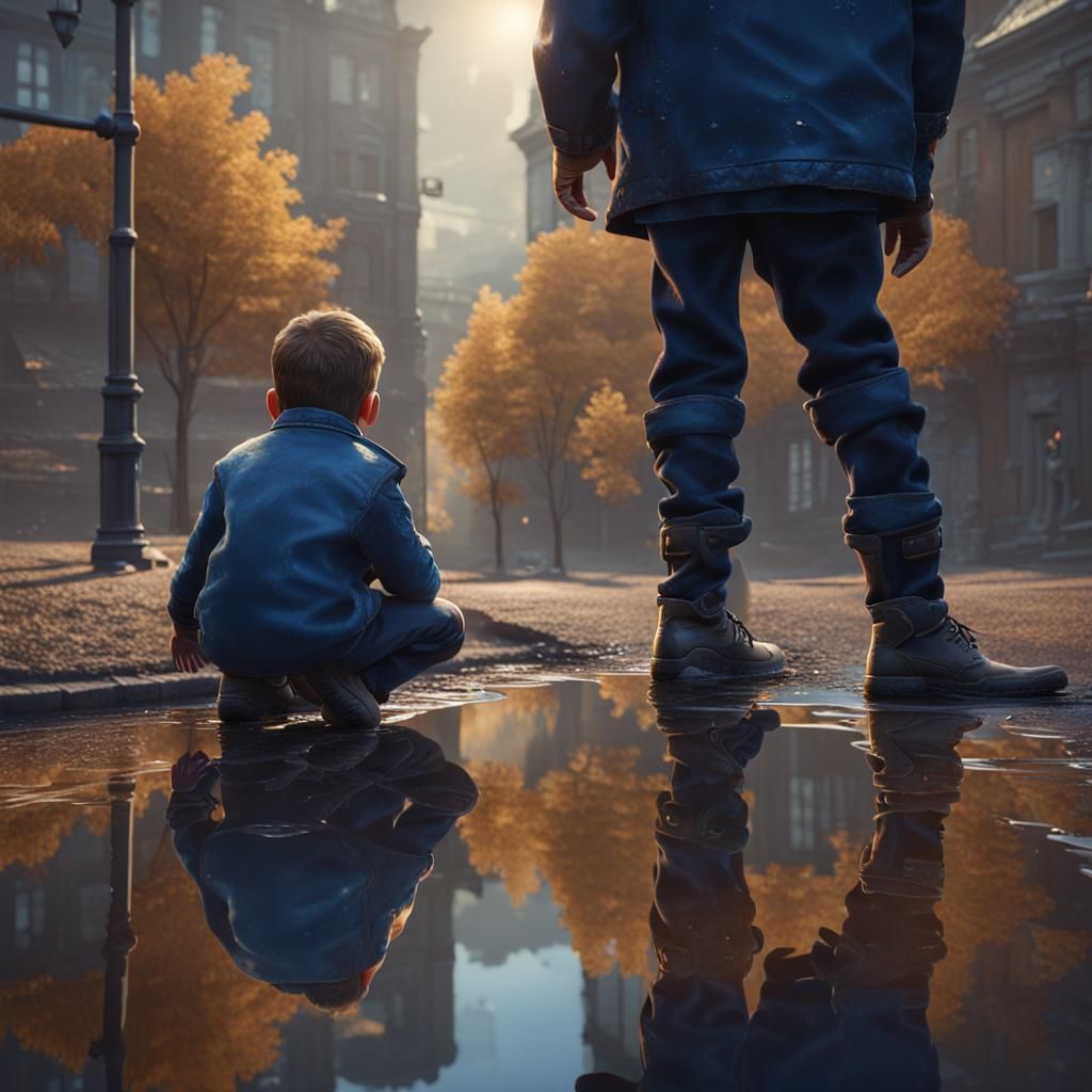 Boy and Puddle Reflection: Realism in Deep Blue