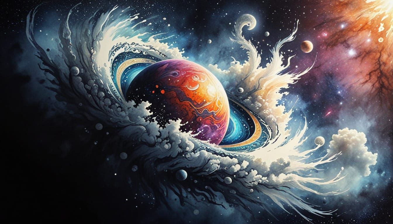 Cosmic Whirlwind in Vibrant Ink and Watercolor