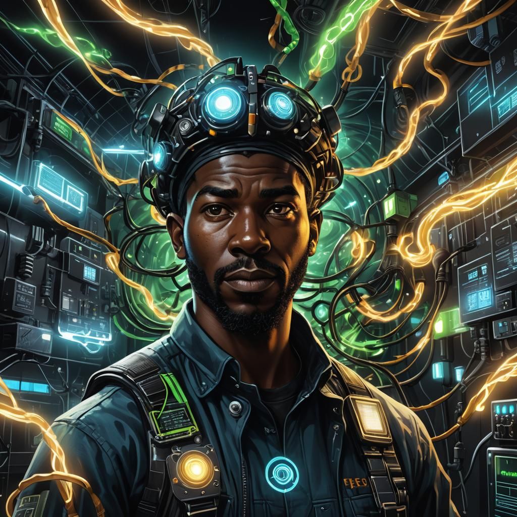 Futuristic Electrician Surrounded by Solar Panels in Neon Li...