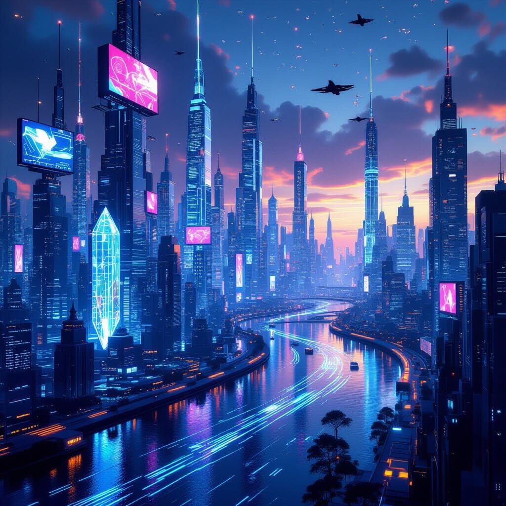 Glowing Neural Network City Skyline with Liquid Light Rivers