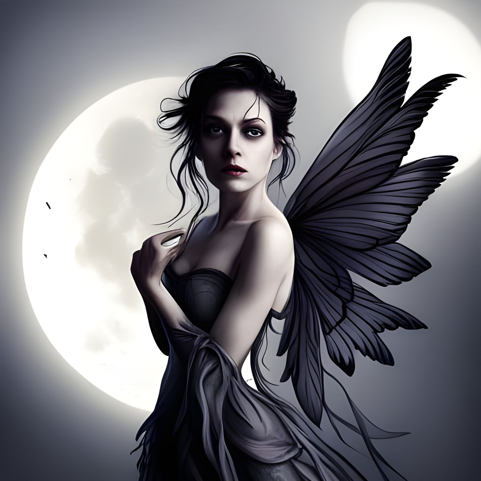 Worried Goth Fairy Under Full Moon in Burton Style