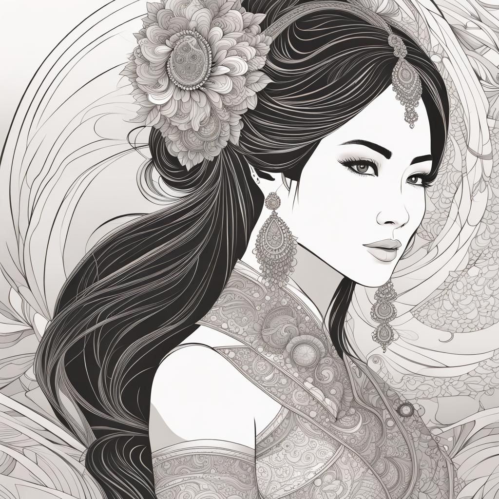 Gorgeous Asian Bride Portrait in Line Art