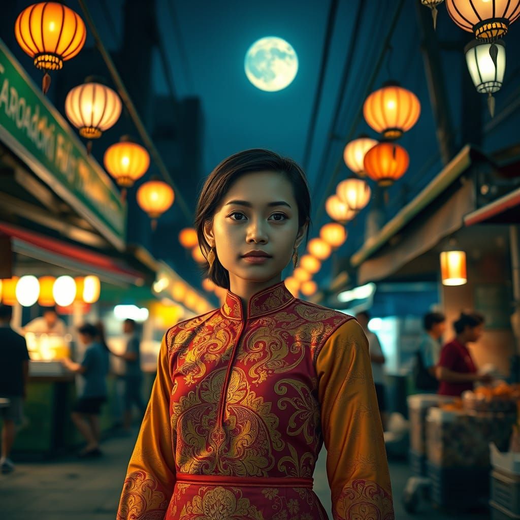 Young Malay Woman in Songket Dress Amidst Night Market Vibra...