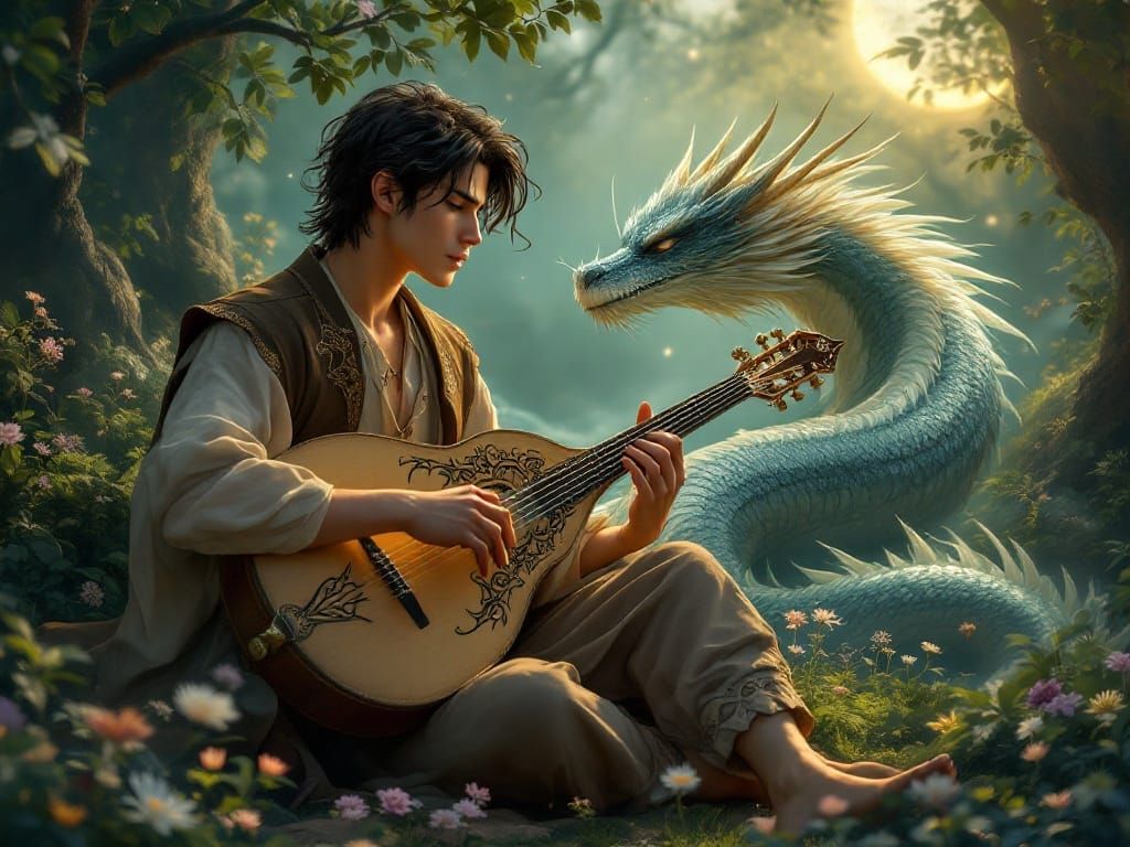 Chiseled Young Bard Plays Lute Beside Slumbering Dragon in V...