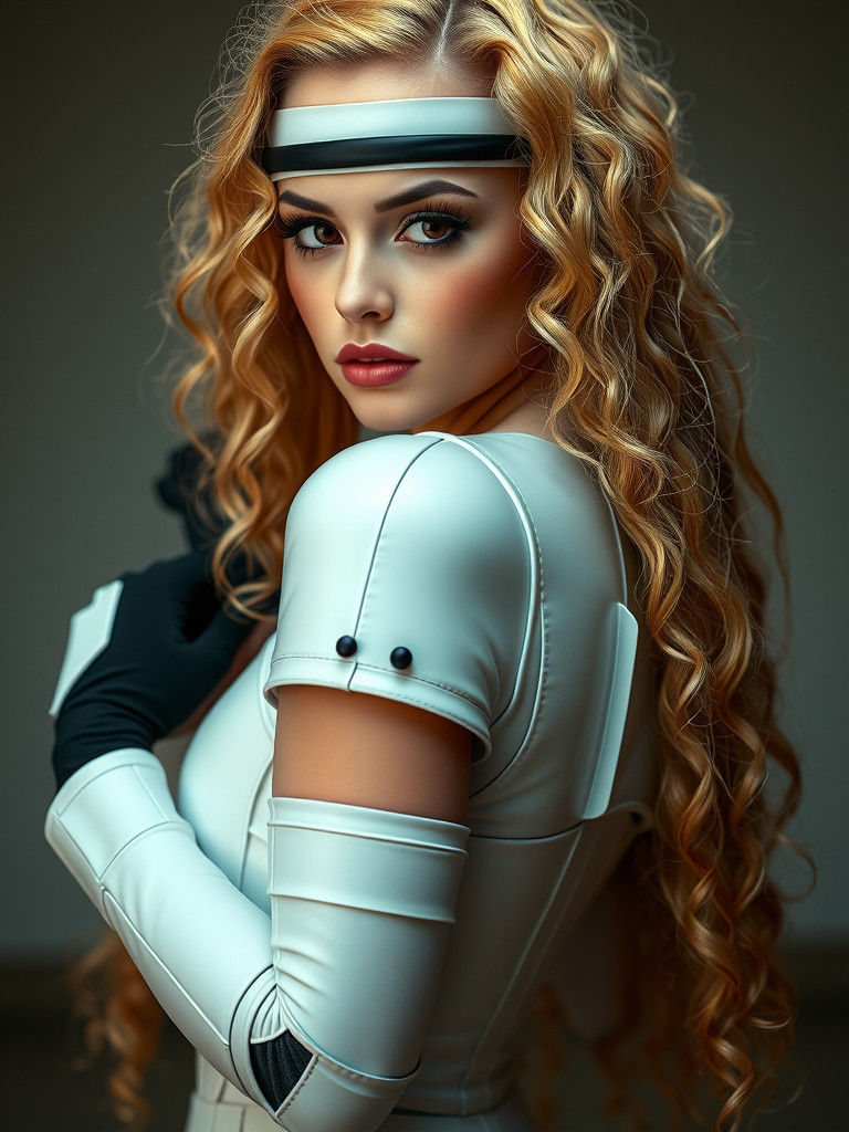 hot woman in latex (Stormtrooper costum) with long curly blond hair and thick black eyeliner. realistic skin high resolu...