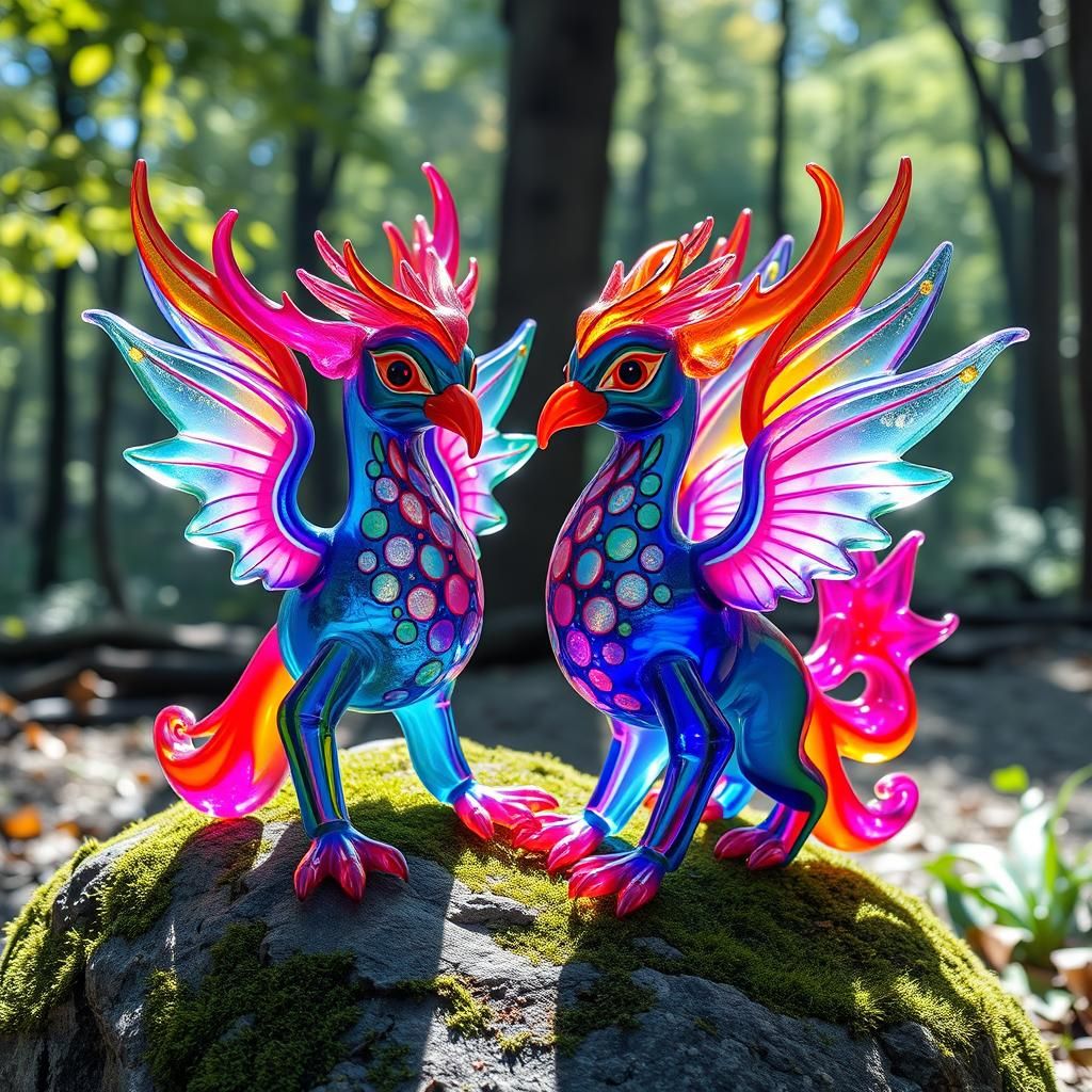Neon Glass Gryphons in Art Nouveau Style
