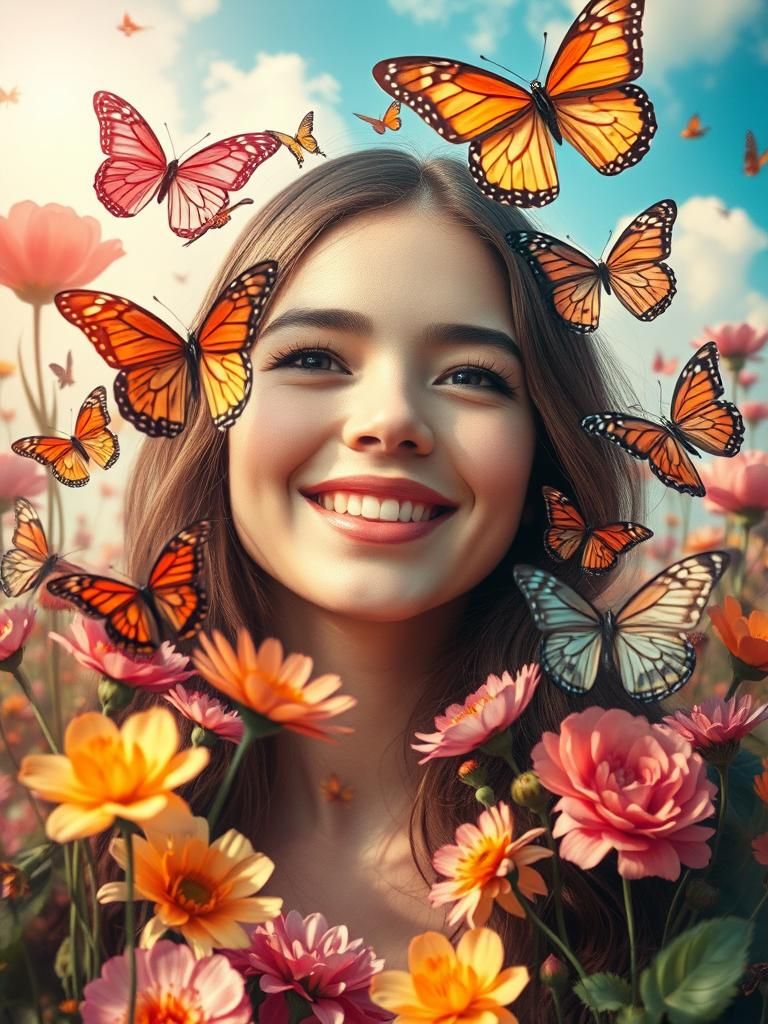 Dreamy Double Exposure: Woman, Flowers, and Butterflies
