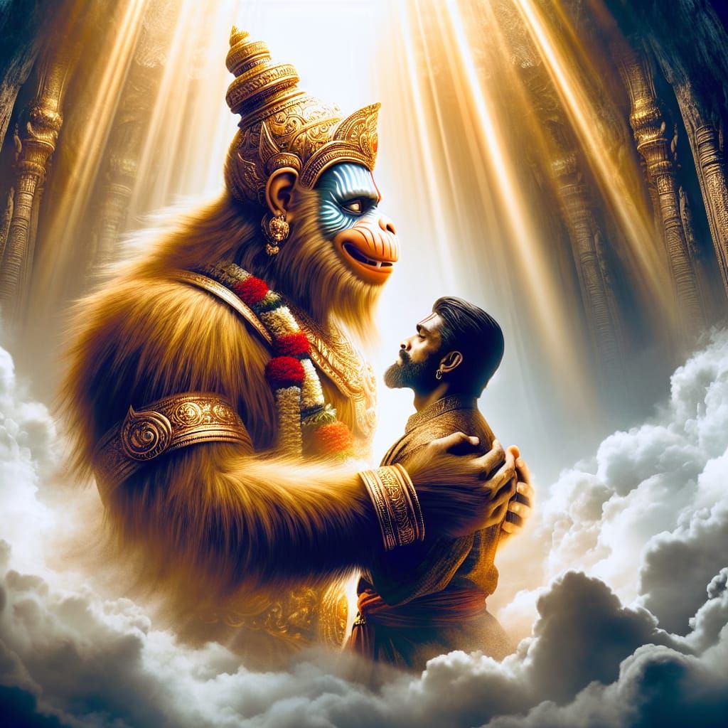 Golden Hanuman and Lord Rama Embracing in Divine Love