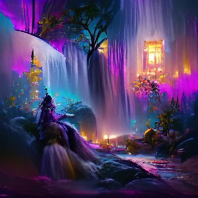 Fantasy Waterfall at Night in Dark Concept Art