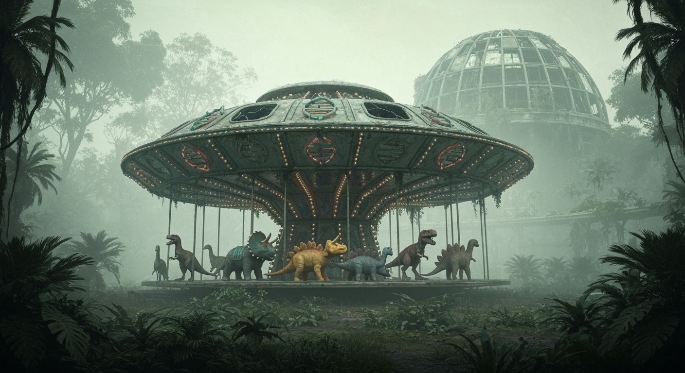 Abandoned UFO Carousel With Dinosaurs in Foggy Park