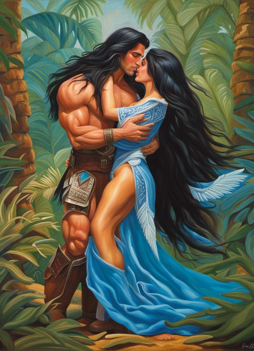 Conquistador and Aztec Princess Romance: Oil Painting