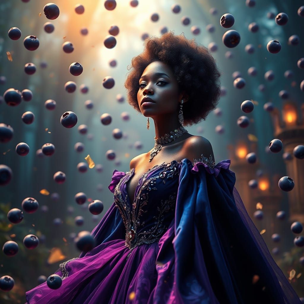 Afro Woman Surrounded by Falling Blueberries in a Whimsical,...
