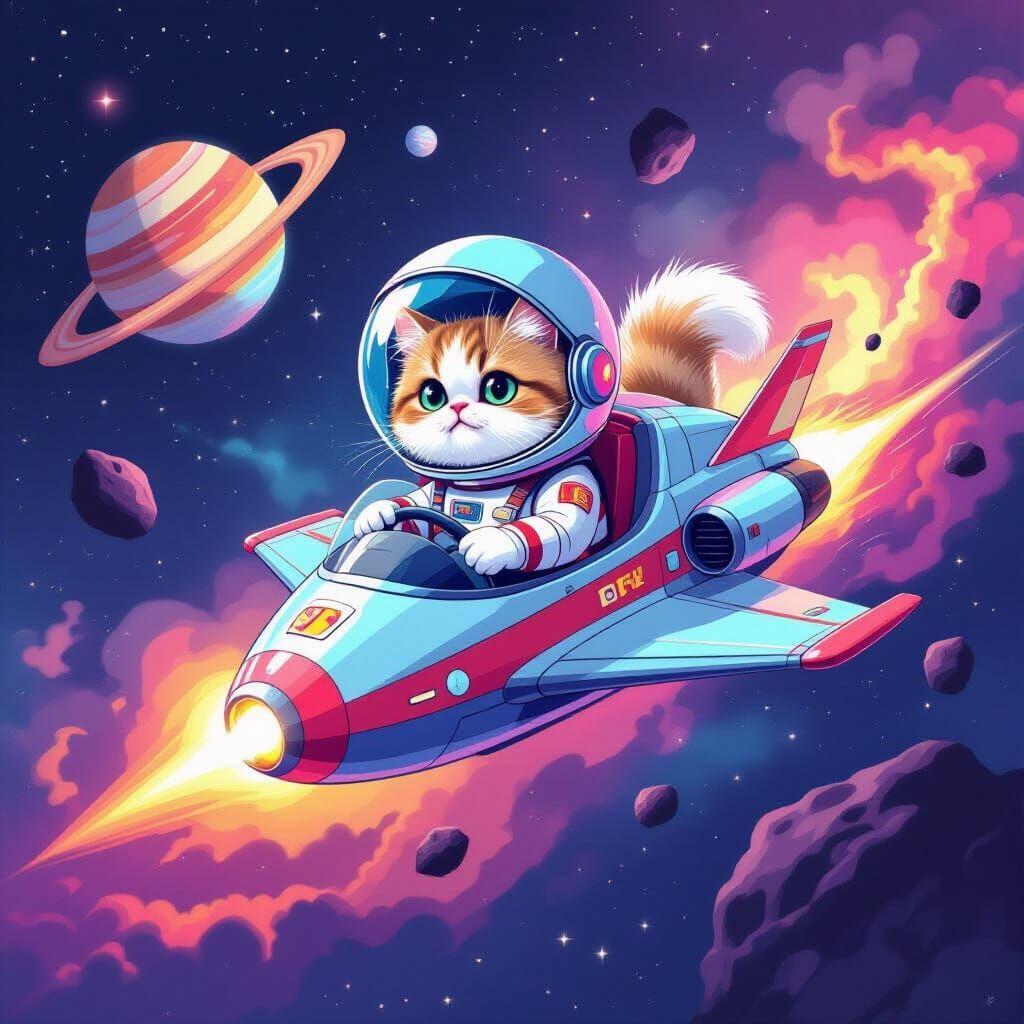 Persian Cat Pilot Soaring Through Nebula in Cartoon Style