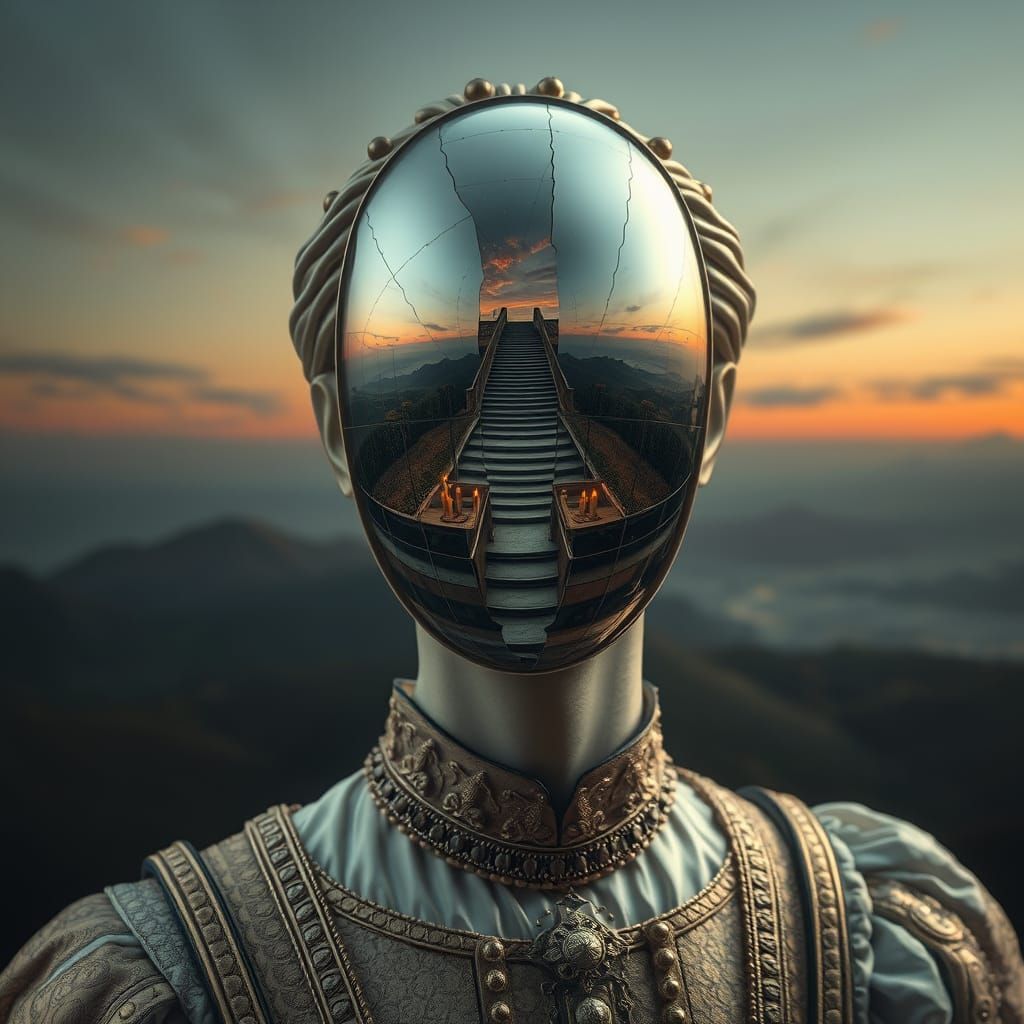 Fractured Mirror Bust Reflecting Impossible Scenes