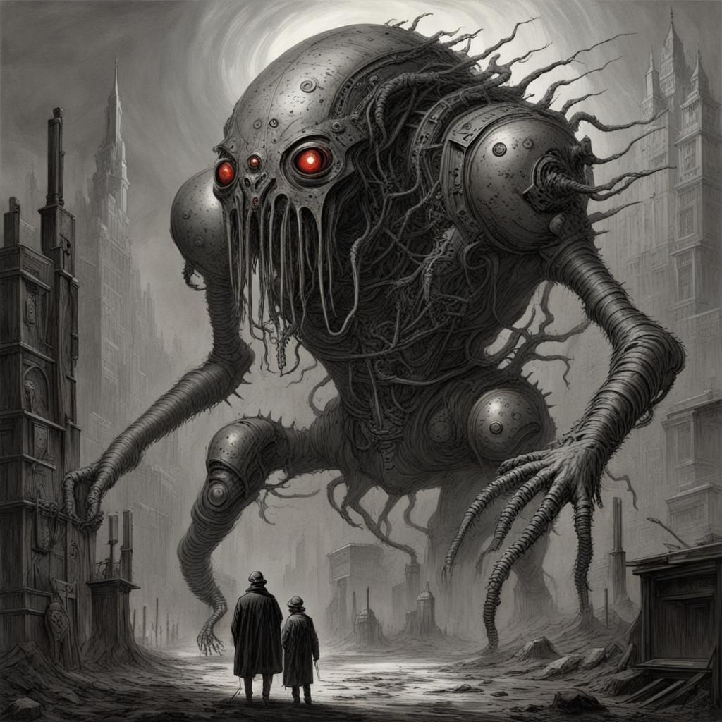 Futuristic Bio-Mechanical Horror Monster in Doré Style