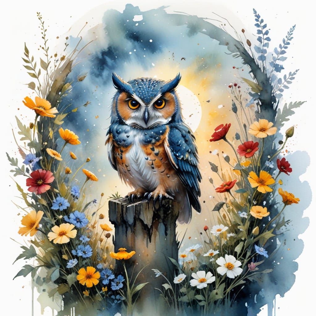 Nighttime Owl Choir on Wildflower Arch in Watercolor