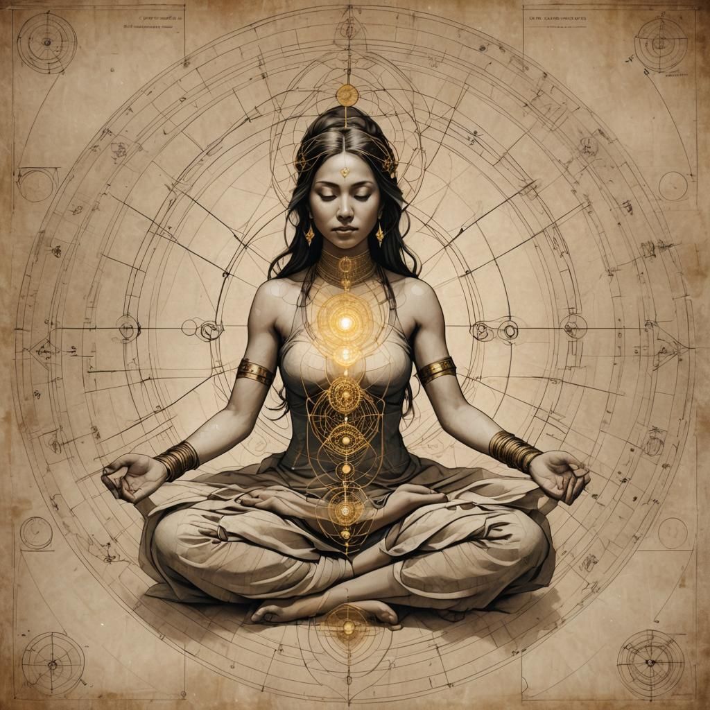 Meditating Woman Surrounded by Sacred Geometry