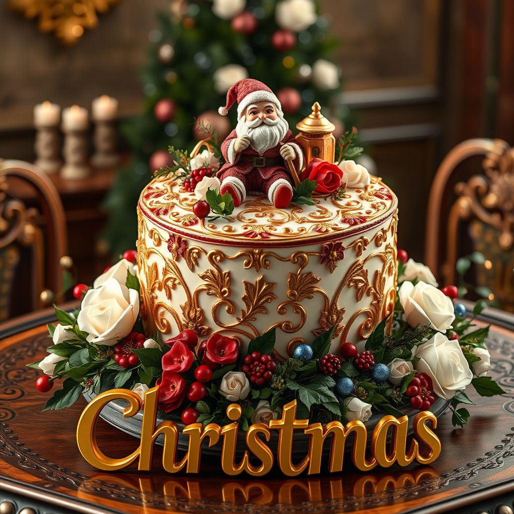 Lavishly Decorated Christmas Cake with Santa Claus
