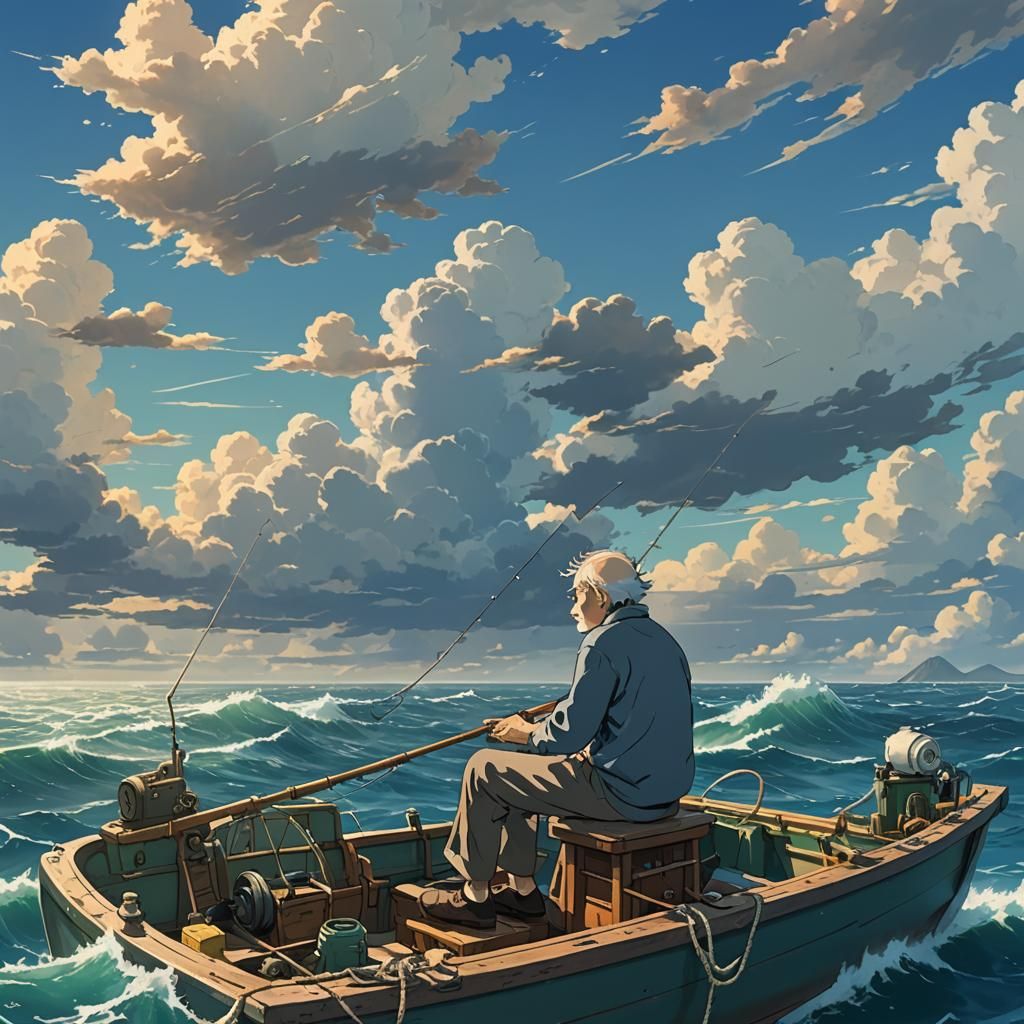 Fisherman at Sea: Ghibli-esque Anime Key Visual