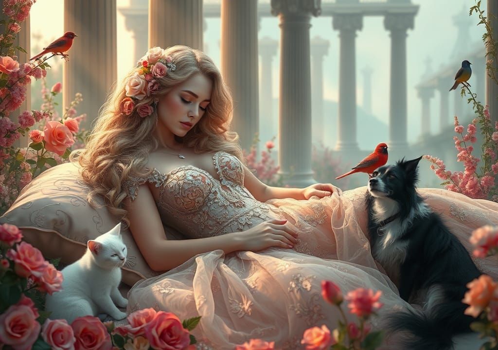 Enchanted Sleeping Woman in Dreamlike Floral Landscape