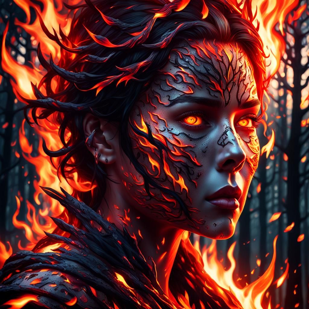 Fiery Woman Portrait in Mystical Forest: Digital Art