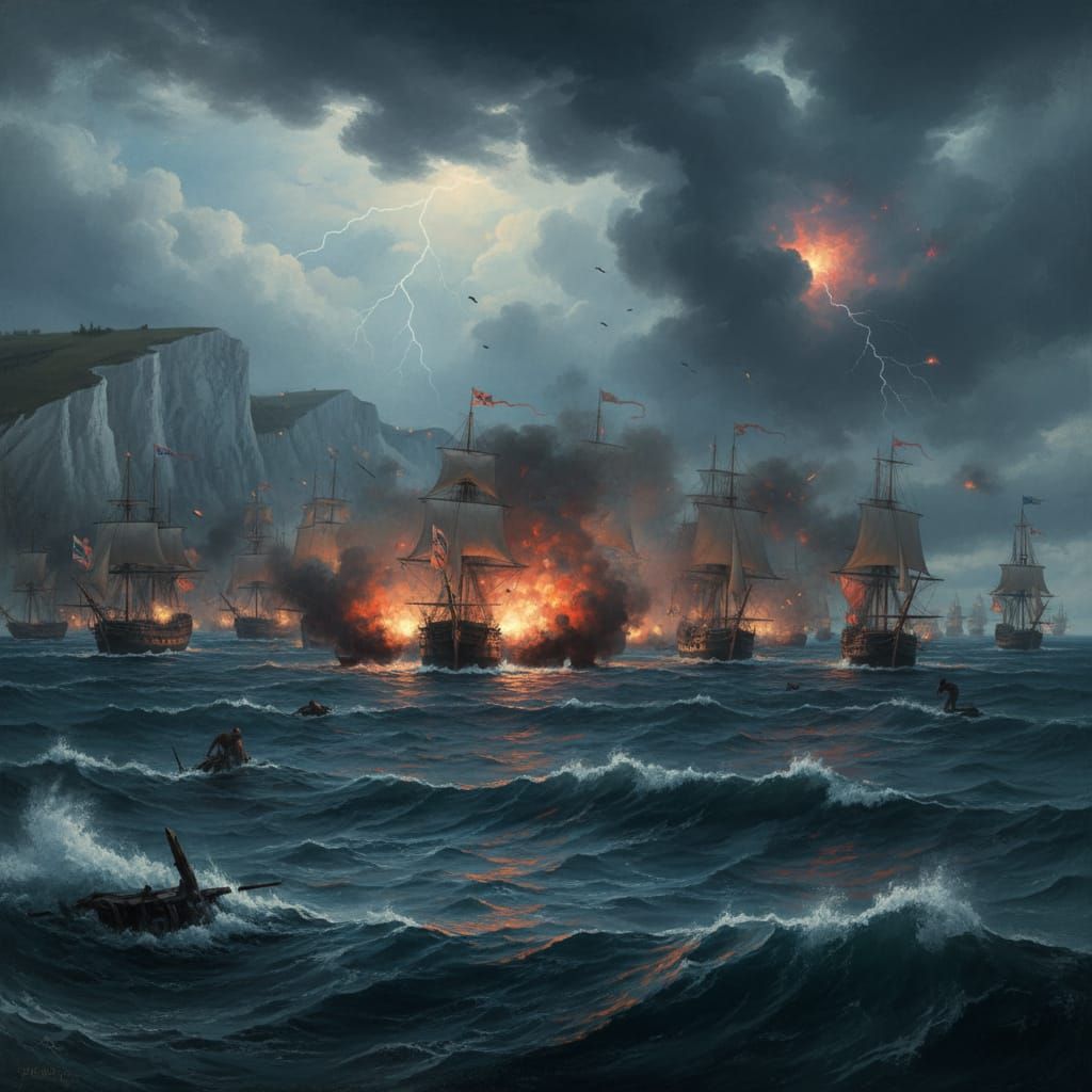 Epic Sea Battle Off Dover Cliffs in Turner Style