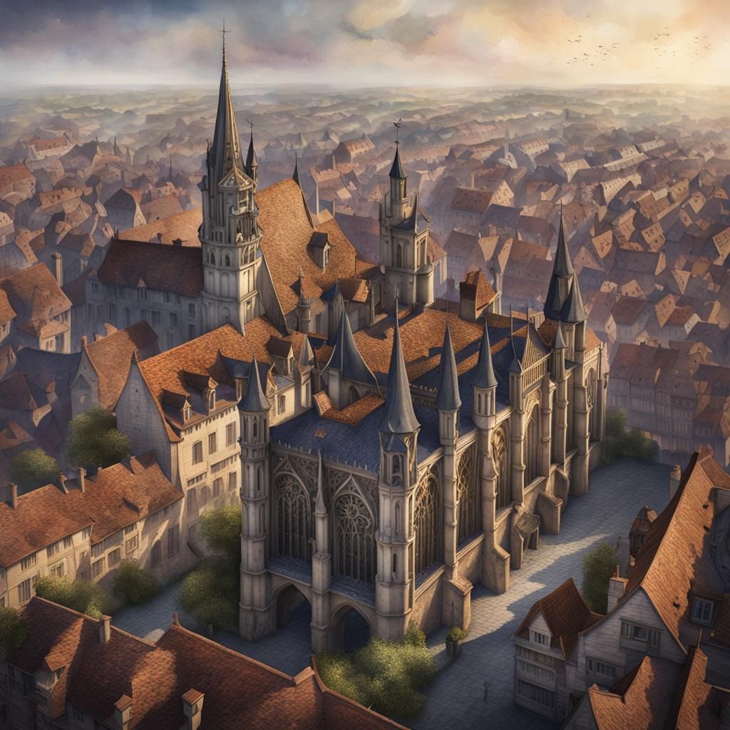 Troyes Watercolor Skyline in Fantasy Concept Art