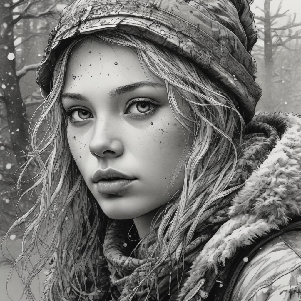 Noir Sketch Portrait of Punk Woman in Snowy Landscape