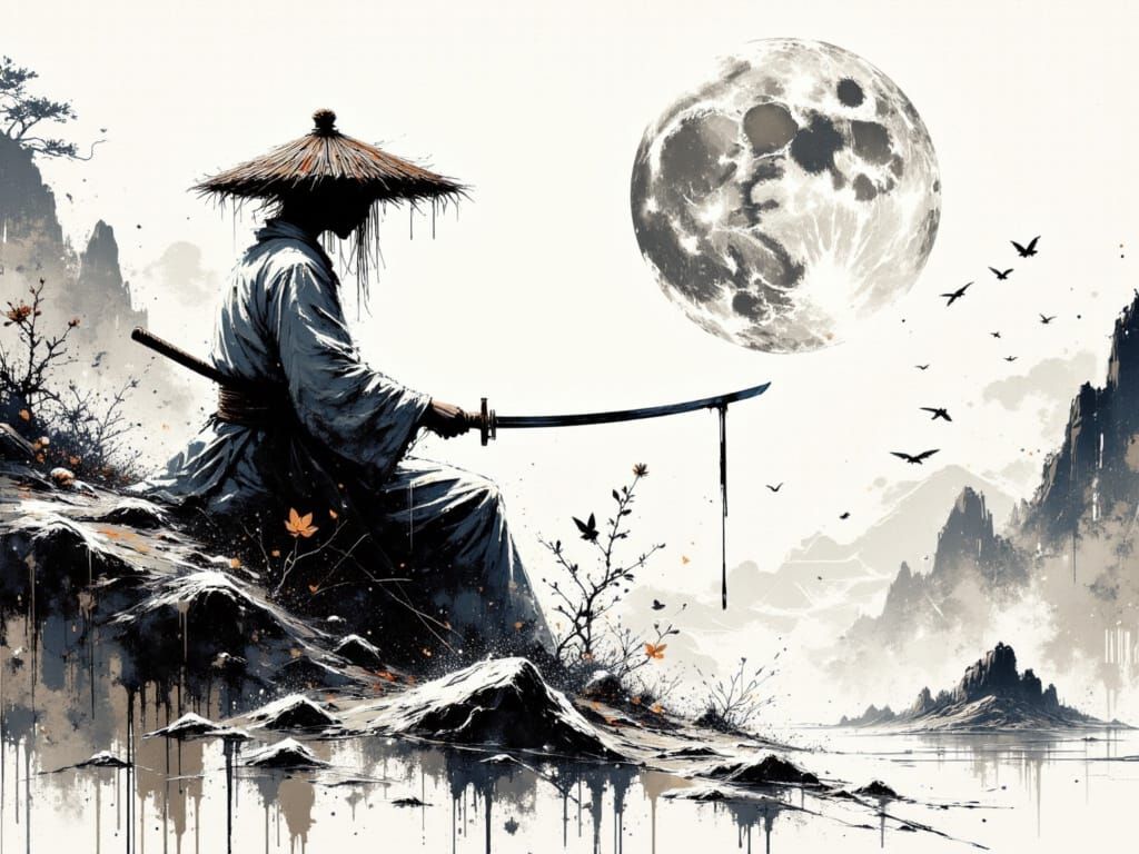 Samurai Contemplation Under Moonlight: Watercolor Style