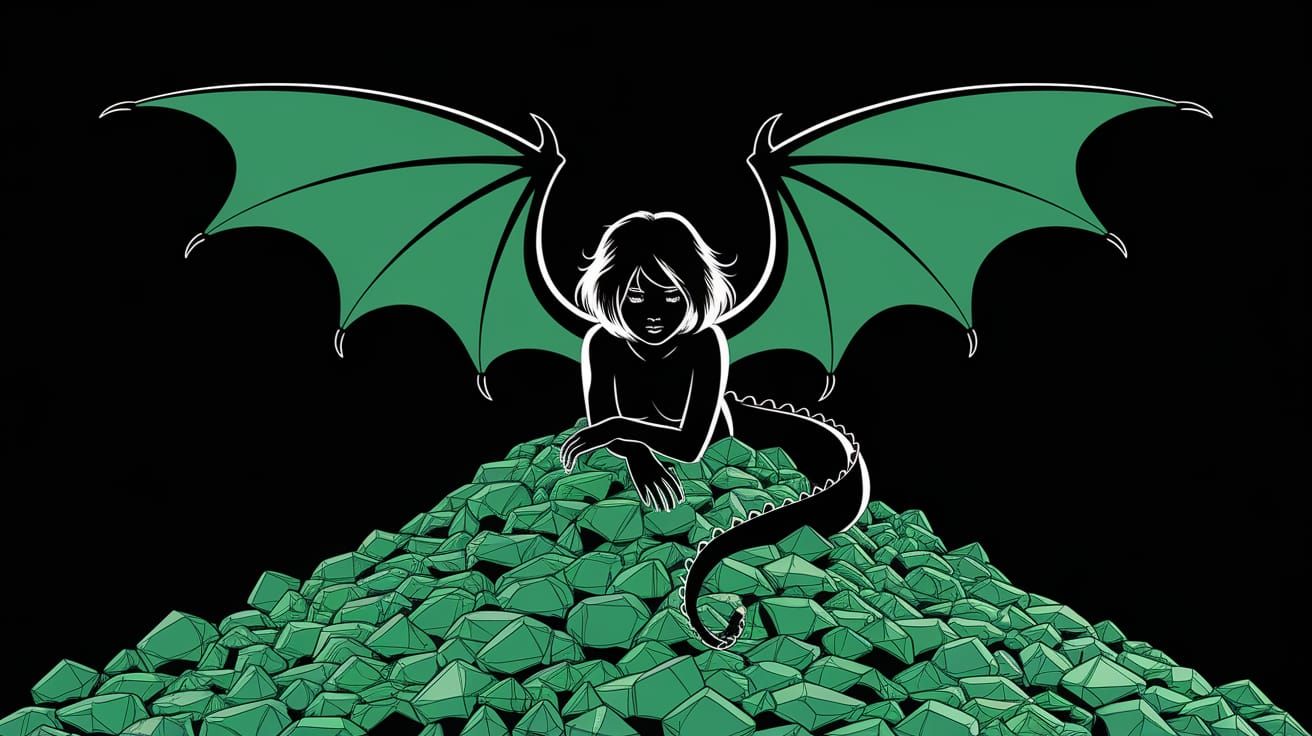 Girl with Dragon's Wings Lies on Emeralds in Dark, Silhouett...