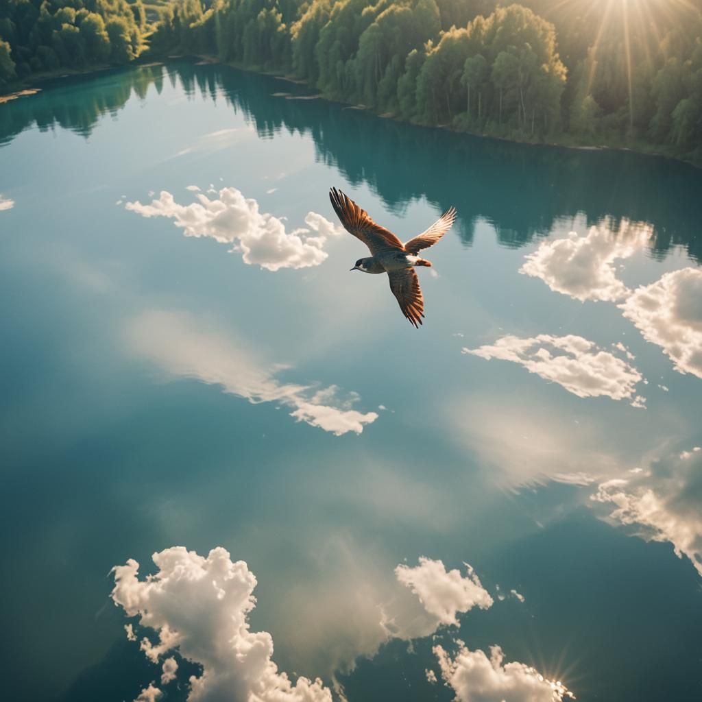 Bird's-Eye View of Bird Flying Above Lake