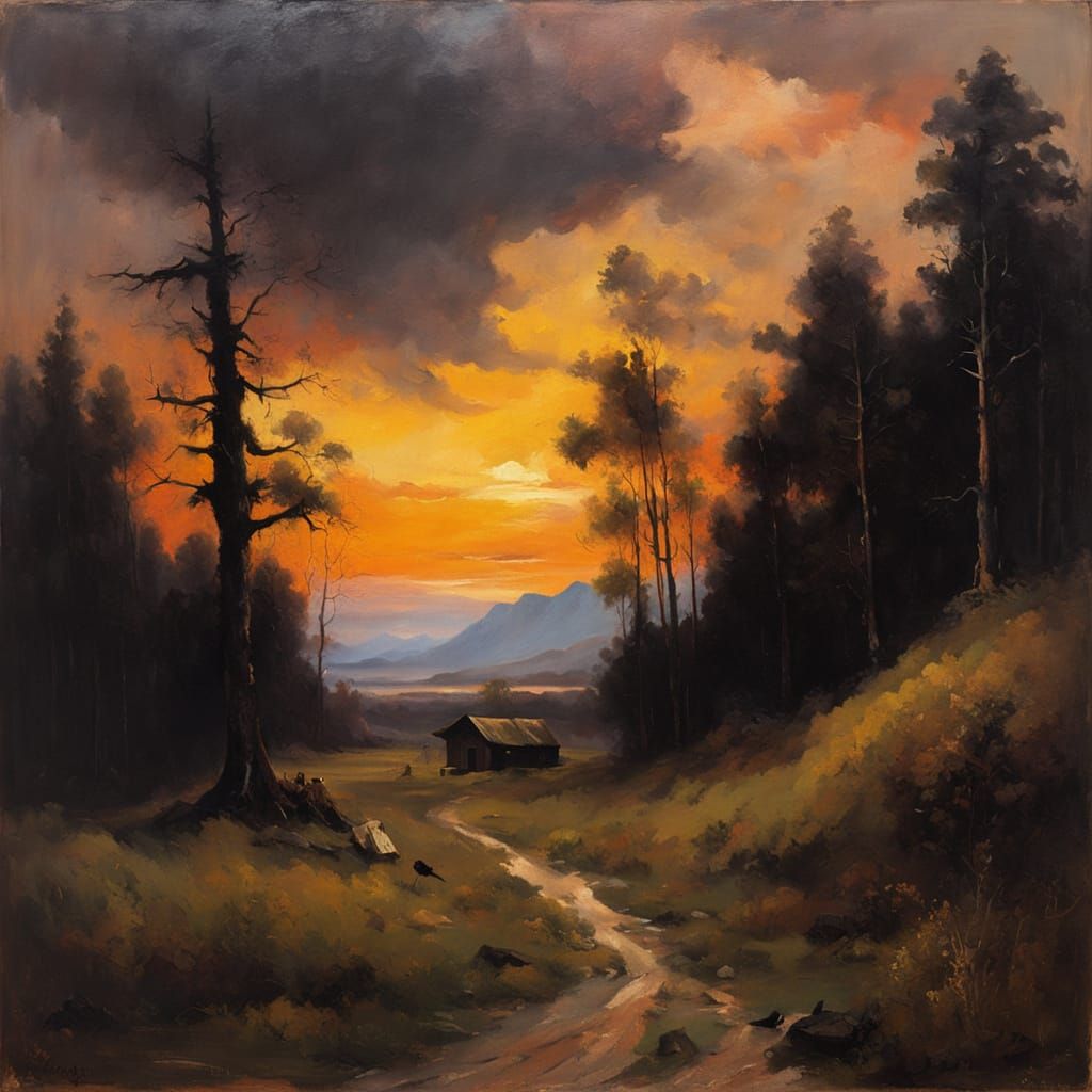 Melancholic Old Man in a Sunset Forest Landscape